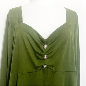 Rosegal Olive Green Sweetheart Neckline Ruched Front Button Accent Tunic Top 3X